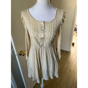 Free People Cream Lace Peasant Pintuck Tunic Shirt Dress 3/4 Sleeve S Victorian